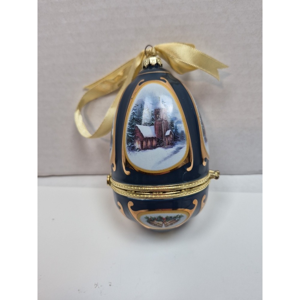 Arden Porcelain Hinged Egg Ornament Cobalt Blue Winter Village Scene Trinket Box - Picture 5 of 10